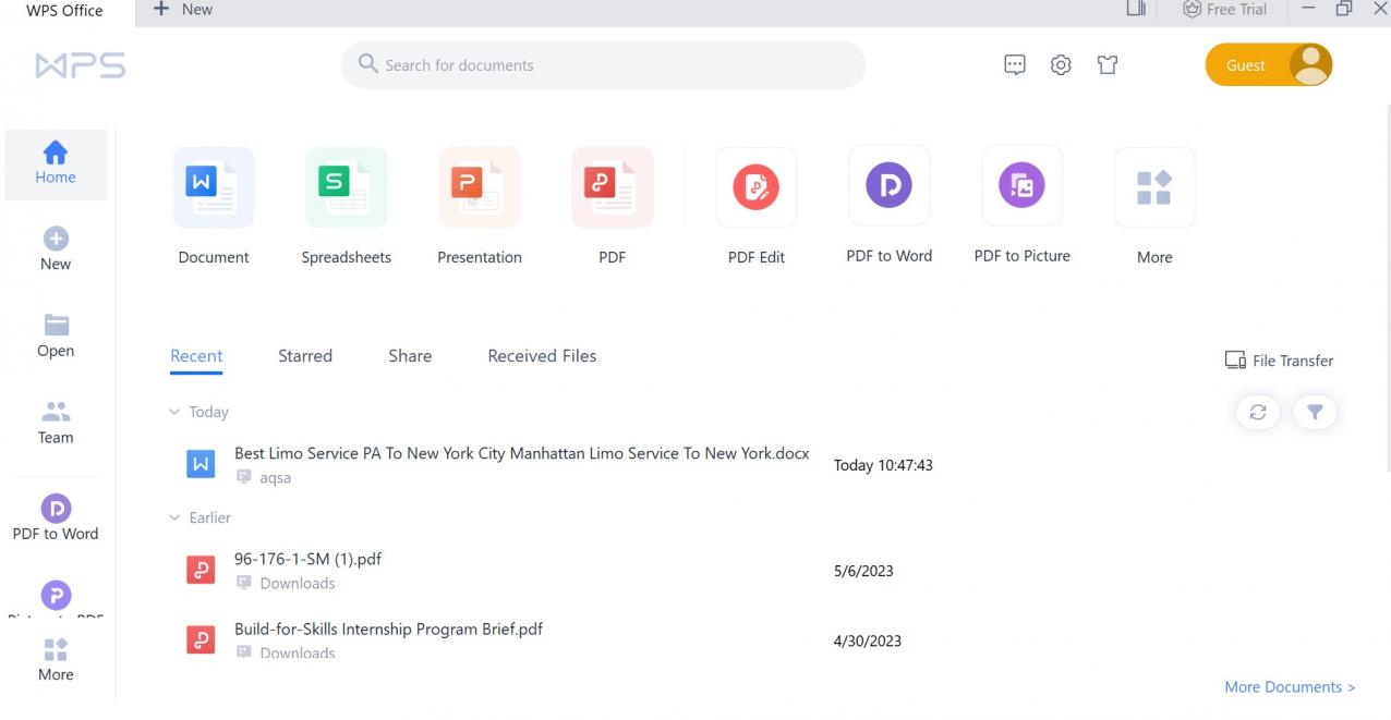 Pagina principale di WPS Office