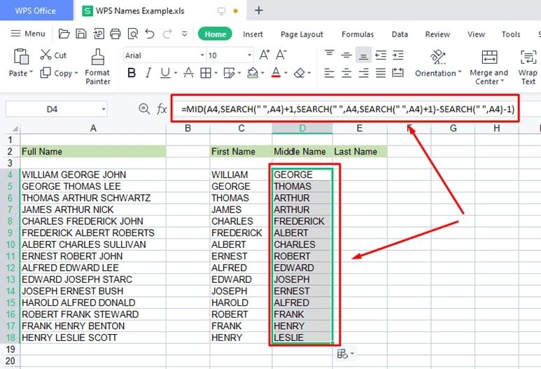 “drag” from the cell “D4”