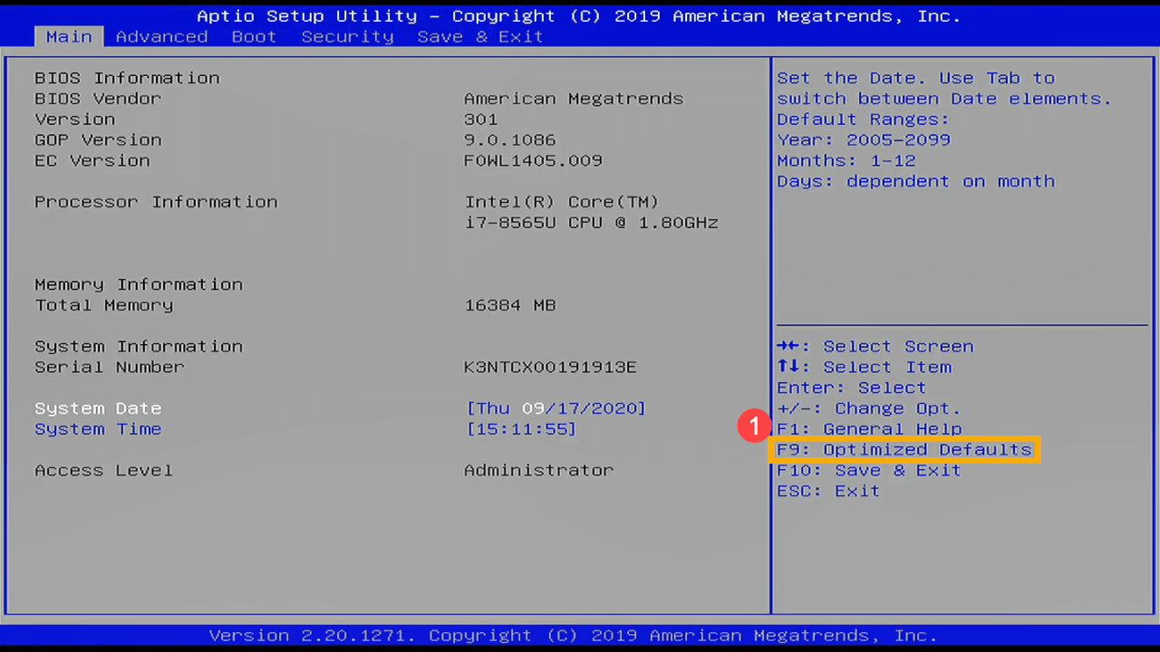 Once inside the BIOS menu, look for “Optimized Defaults”