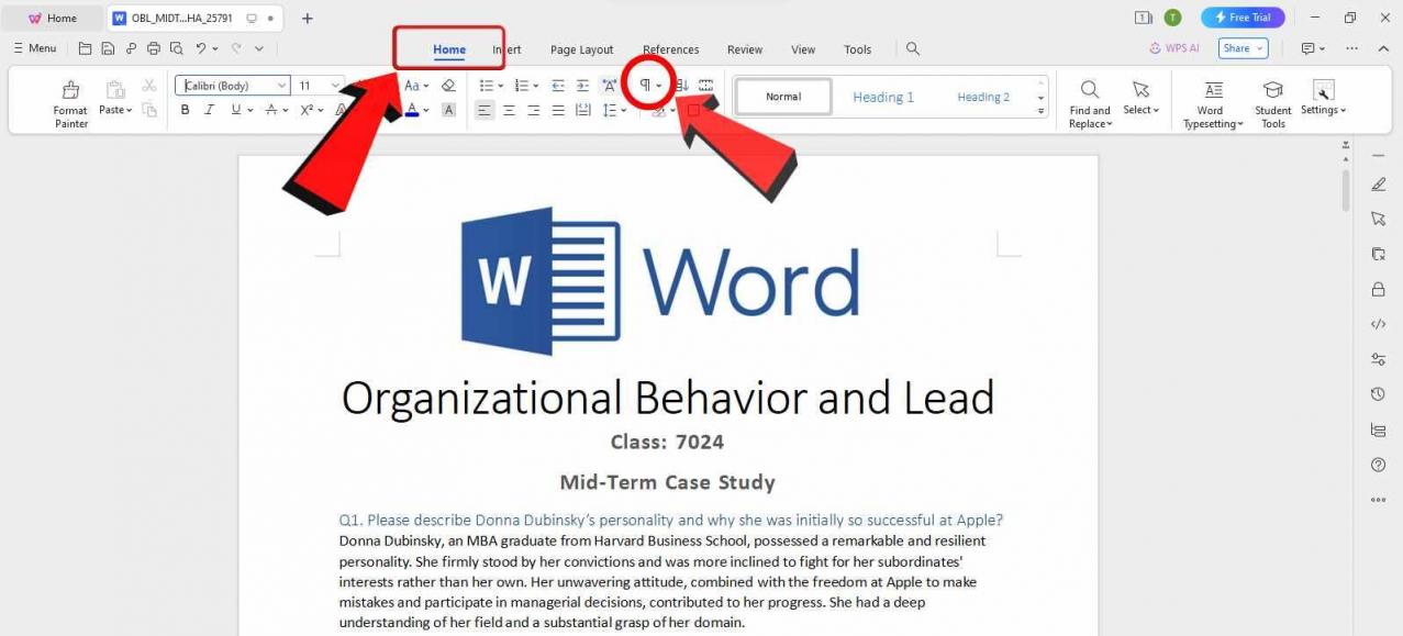 WPS Writer Düzenleme İşaretleri