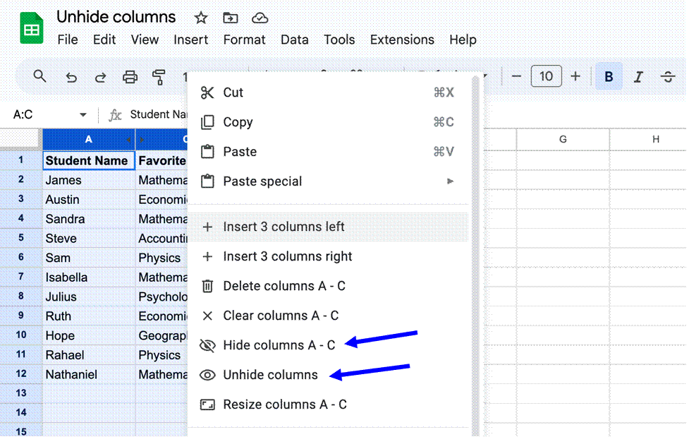 Using the “Hide columns” and “Unhide columns” options