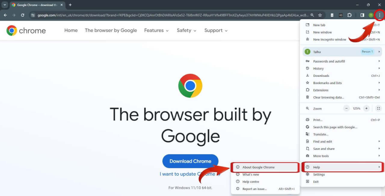 Google Chrome Help menu