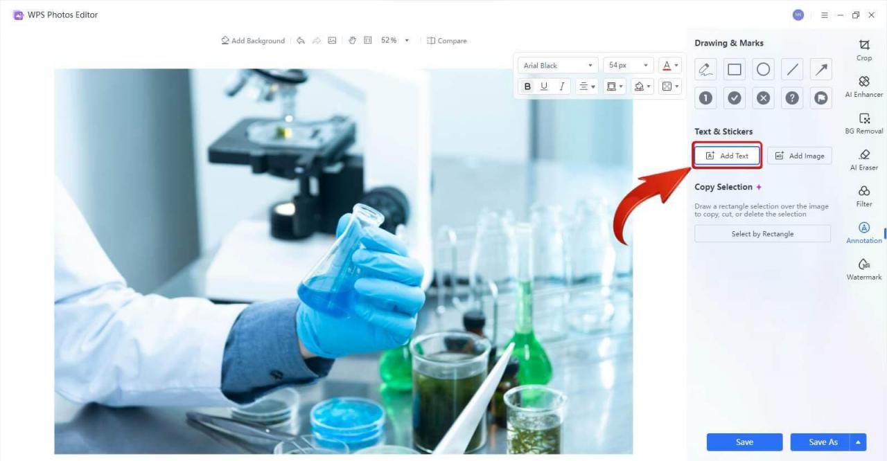 Opção de adicionar texto às imagens do Editor de Fotos do WPS