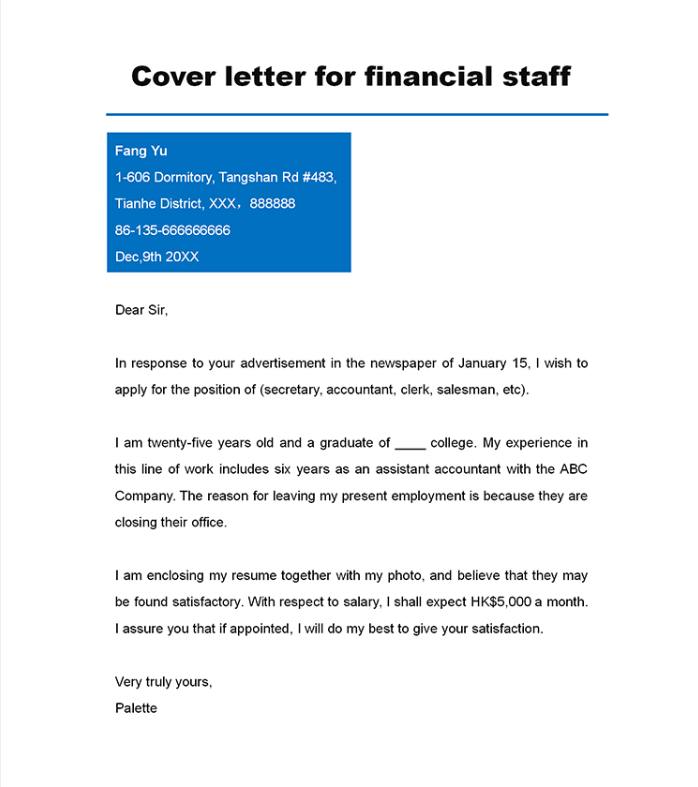 Financial staff cover letter