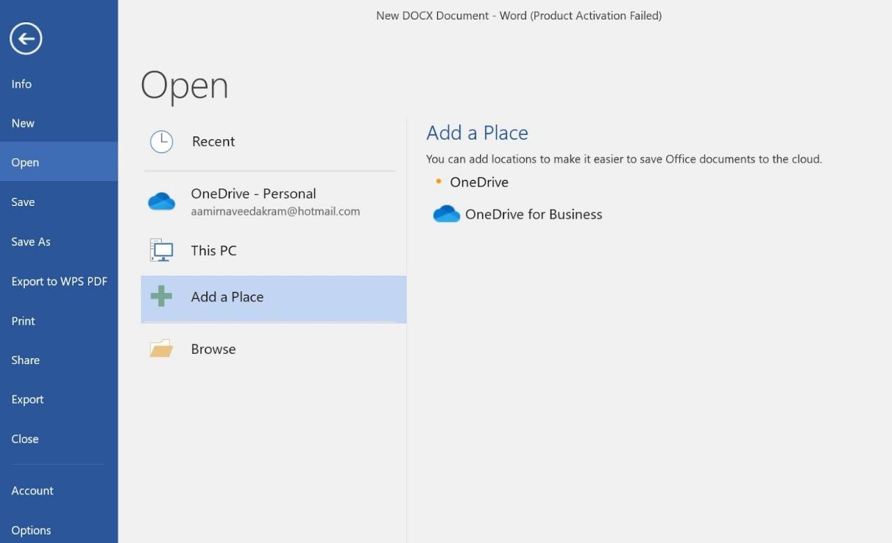 الاتصال بخدمة السحابة في MS Word