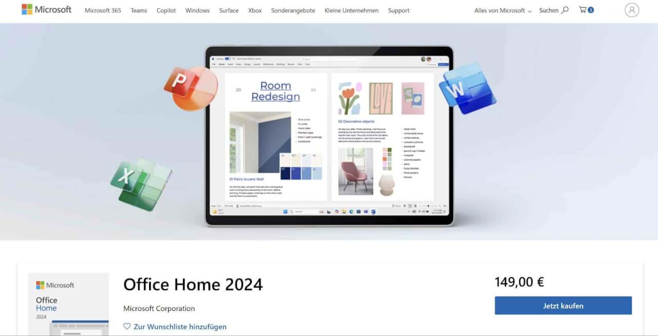 Office home auf der Microsoft Website