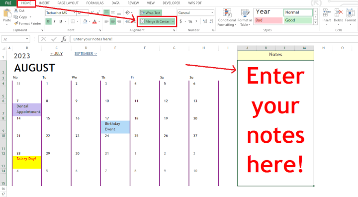  Excel Calendar Notes