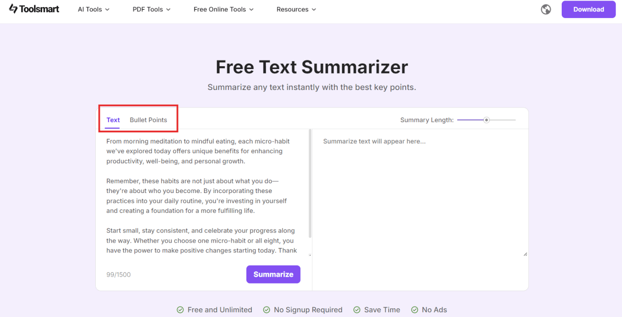  Toolsmart's Free Text Summarizer options