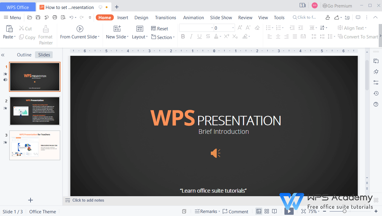 Đặt âm thanh làm nhạc nền cho bài thuyết trình trên WPS Presentation: Để tạo sự chuyên nghiệp cho bài thuyết trình của mình, bạn có thể đặt âm thanh làm nhạc nền cho bài thuyết trình trên WPS Presentation. Lựa chọn những bản nhạc phù hợp sẽ giúp cho bài thuyết trình trở nên sinh động và gần gũi hơn với khán giả. Hãy theo dõi hướng dẫn sau để biết cách đặt âm thanh cho bài thuyết trình trên WPS Presentation.