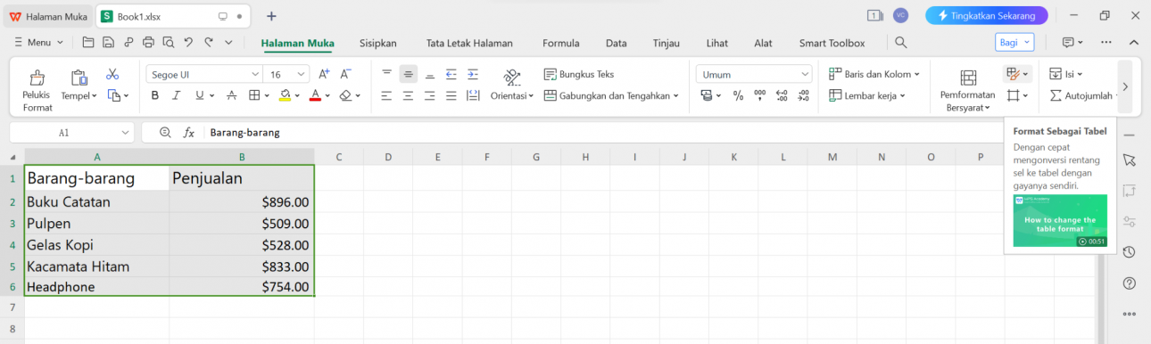Format Sebagai Tabel WPS Spreadsheet