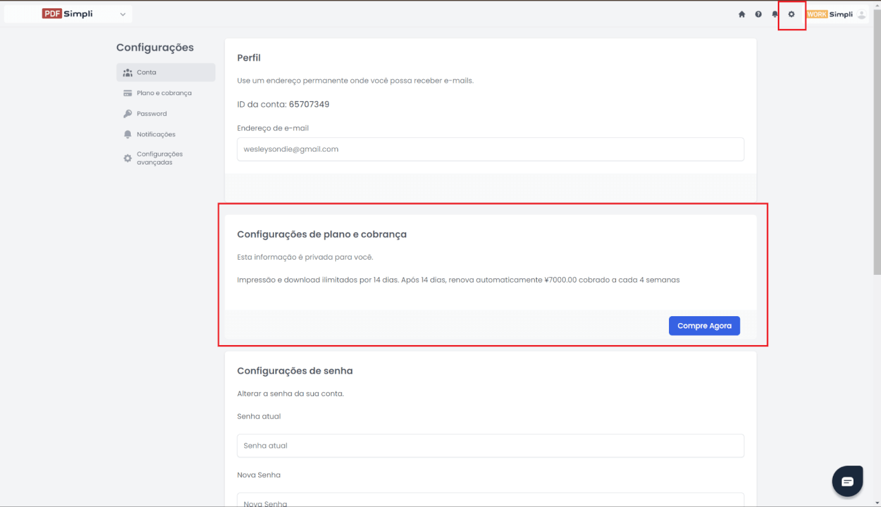 PDFSimpli página de configurações