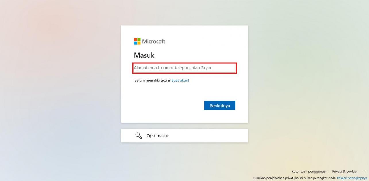 Halaman login Microsoft Office 365