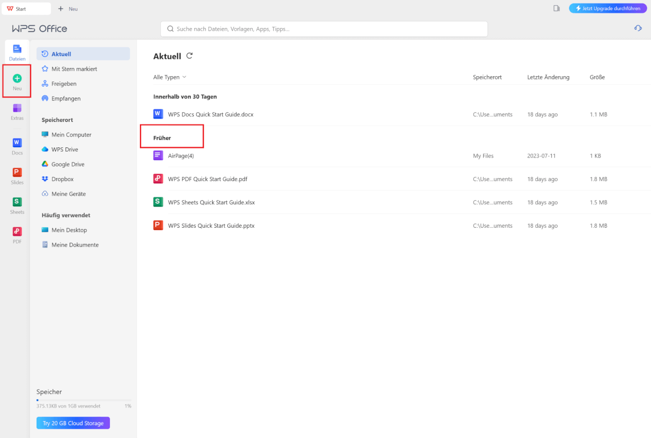 Anzeige der aktuellen Dokumente zur Auswahl, welches bearbeitet oder ein neues Dokument erstellt werden soll