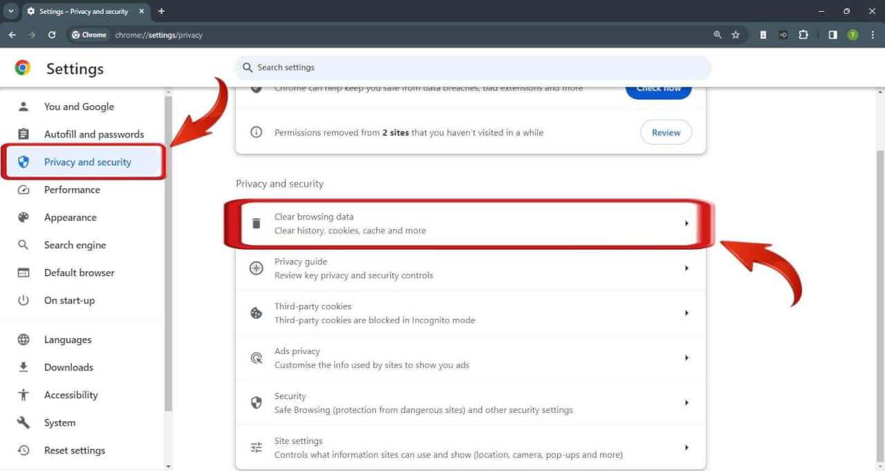 Google Chrome Clear browsing data