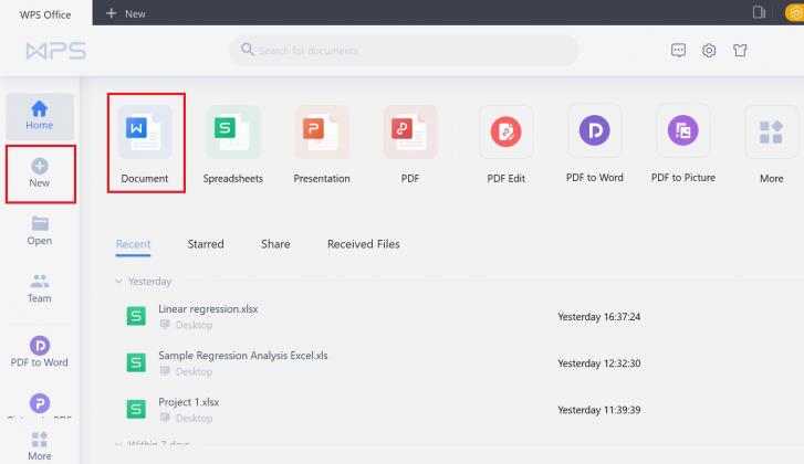 WPS Office main page with all software