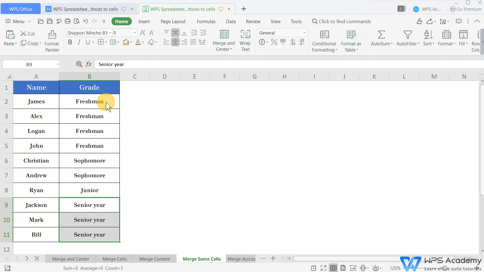 cant merge and center in excel