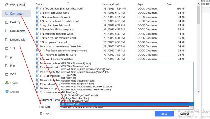 WPS Officeで変換元ファイルを開くの画面