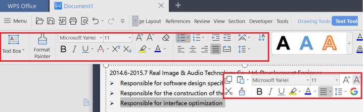 Text formatting options in WPS
