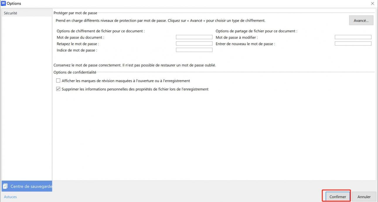 crypter le document dans WPS Office