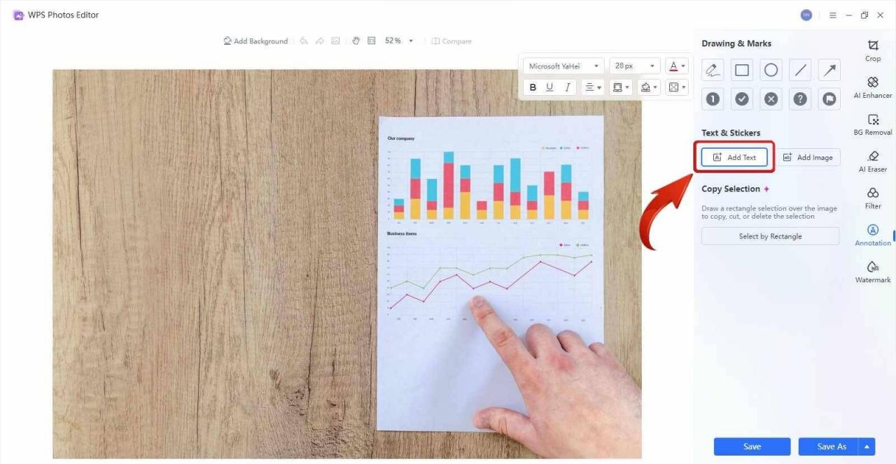 Opção de adicionar texto às imagens do Editor de Fotos do WPS para Apresentações