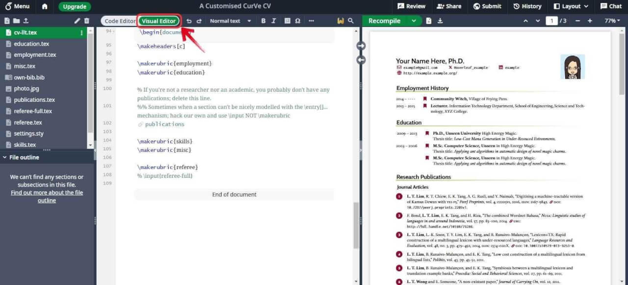 Визуальный редактор Overleaf