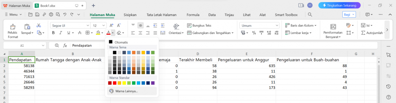 Opsi Warna Teks WPS Spreadsheet