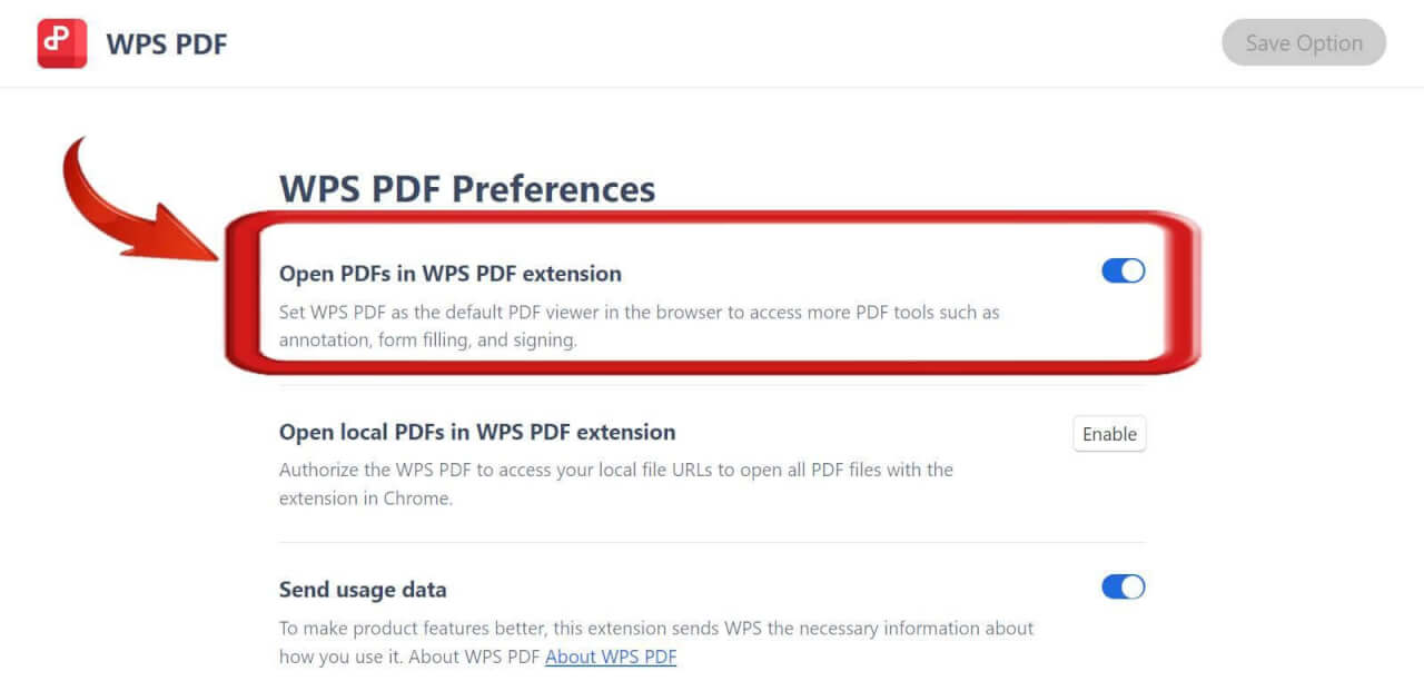 Open PDFs in WPS PDF extension