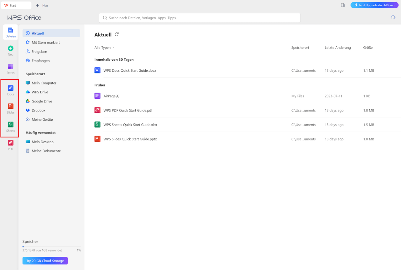 Umrandete Apps in WPS Office zur Auswahl, welches Dokument bearbeitet werden soll