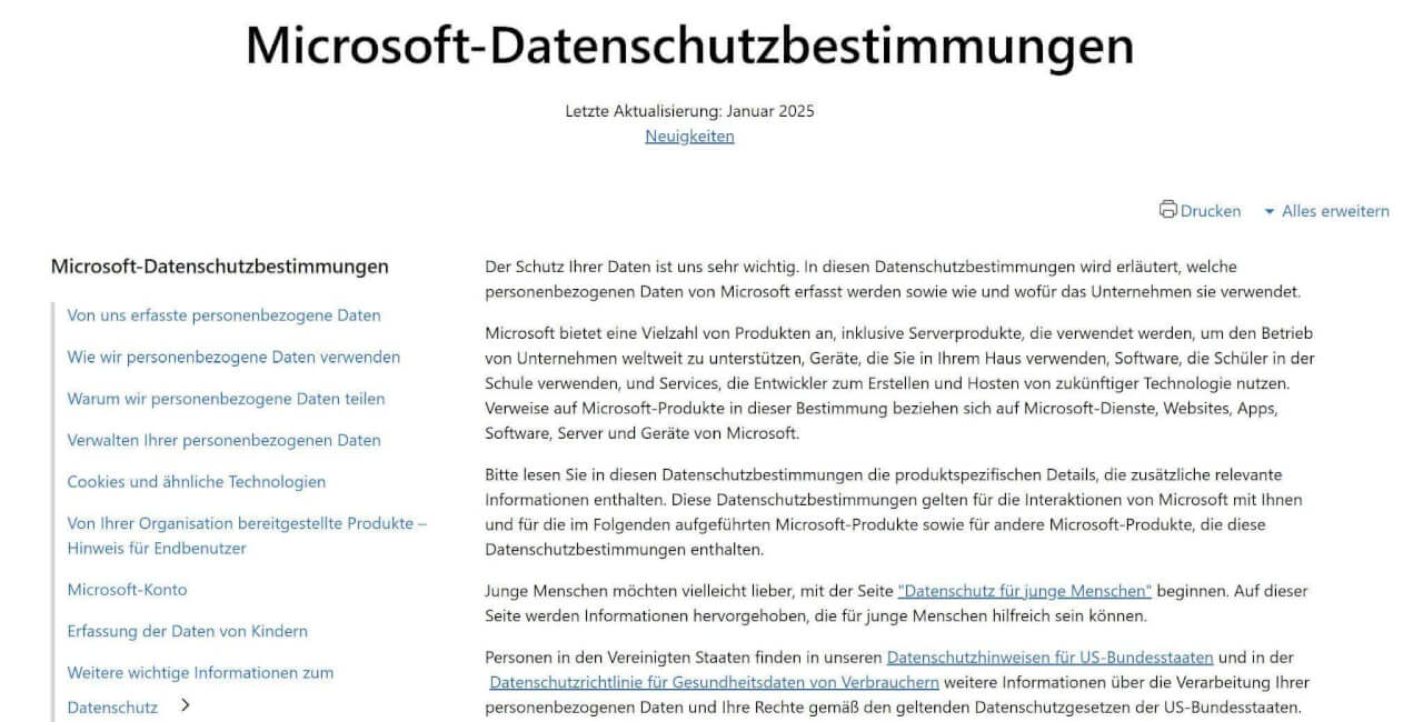 MS Windows Datenschutzbedingungen