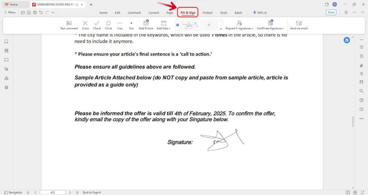 A WPS PDF Kitöltés és aláírás lapja