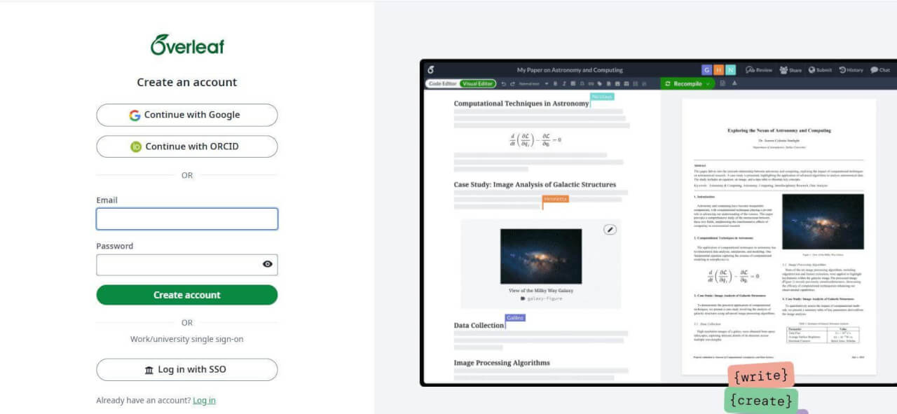 Okno registrace v Overleafu