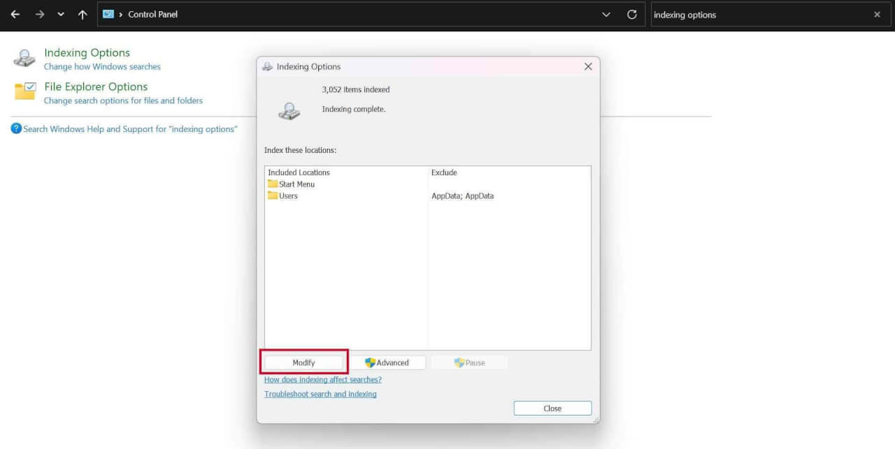 Control Panel Indexing Options