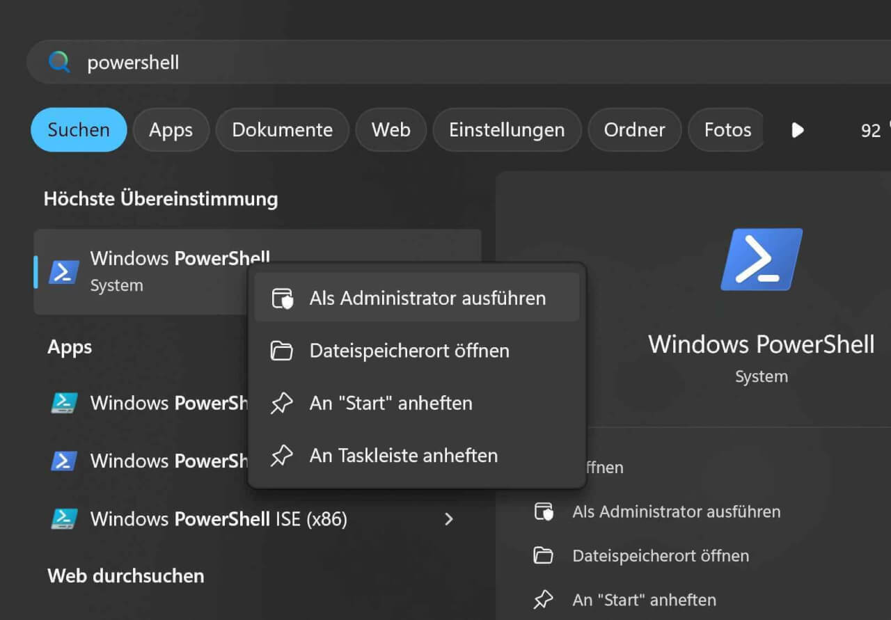 Rechtsklick auf powershell