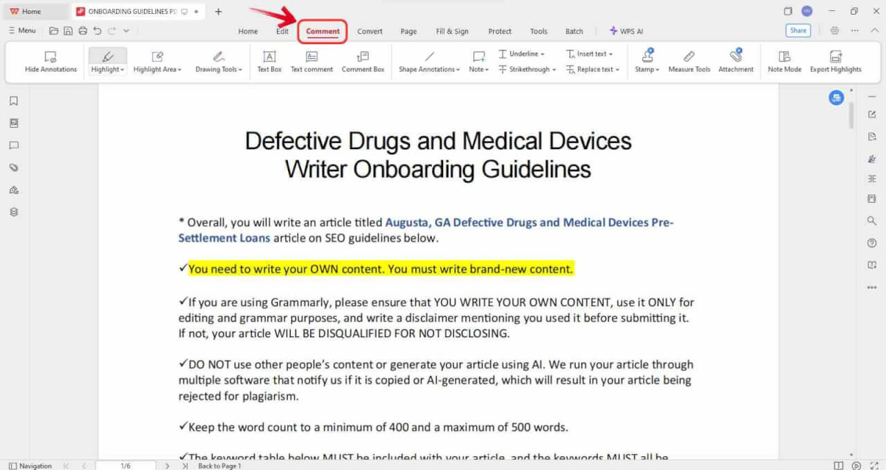  A WPS PDF megjegyzések lapja