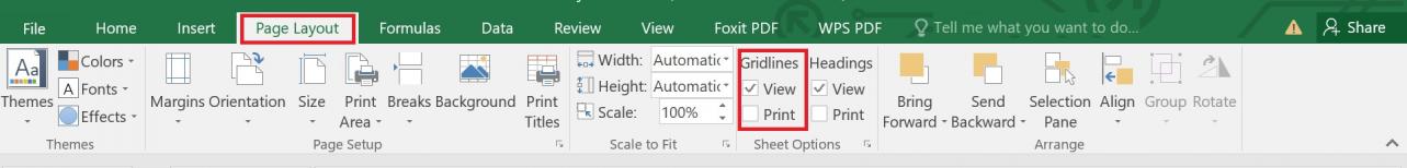 Gridline option in Page Layout