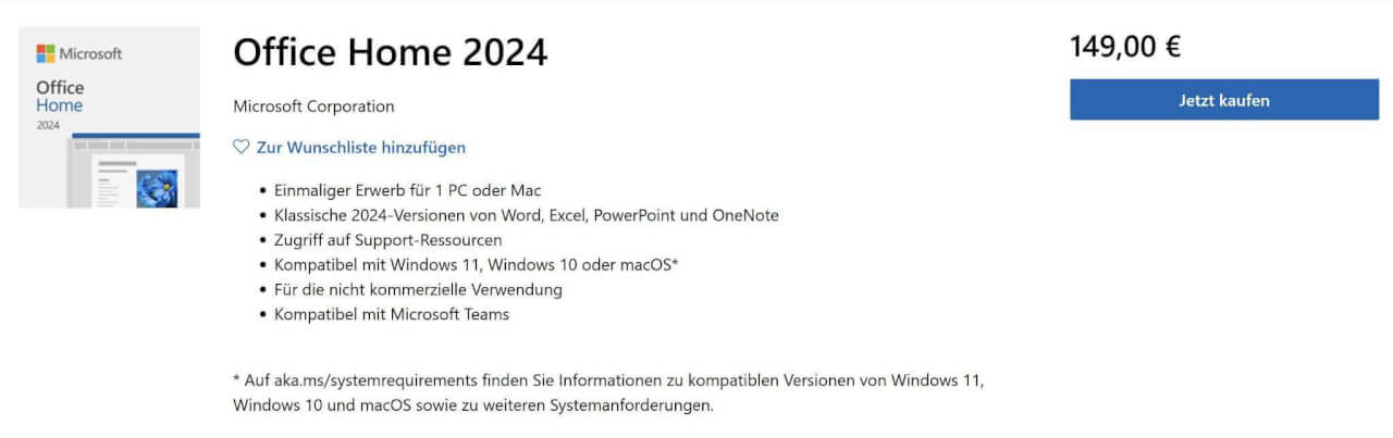 Office Home auf der Windows Website