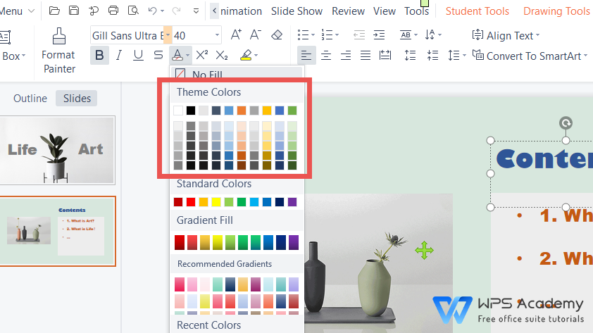 Không chỉ riêng Powerpoint, WPS Office cũng có tính năng thay đổi màu sắc chủ đề Powerpoint. Điều này giúp cho bạn có thể tùy chỉnh và tạo nên phong cách riêng cho slide trình chiếu của mình. Tìm hiểu ngay những tính năng màu sắc trên WPS Office để tạo nên các slide trình chiếu đa dạng và ấn tượng.