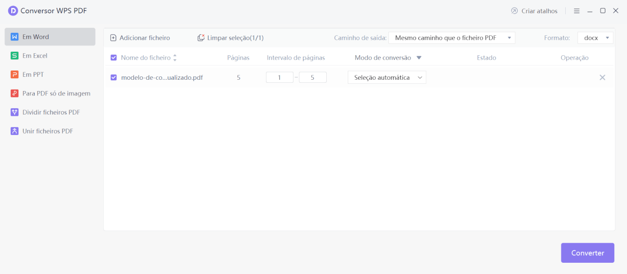 configurações de conversão de PDF em Word no WPS