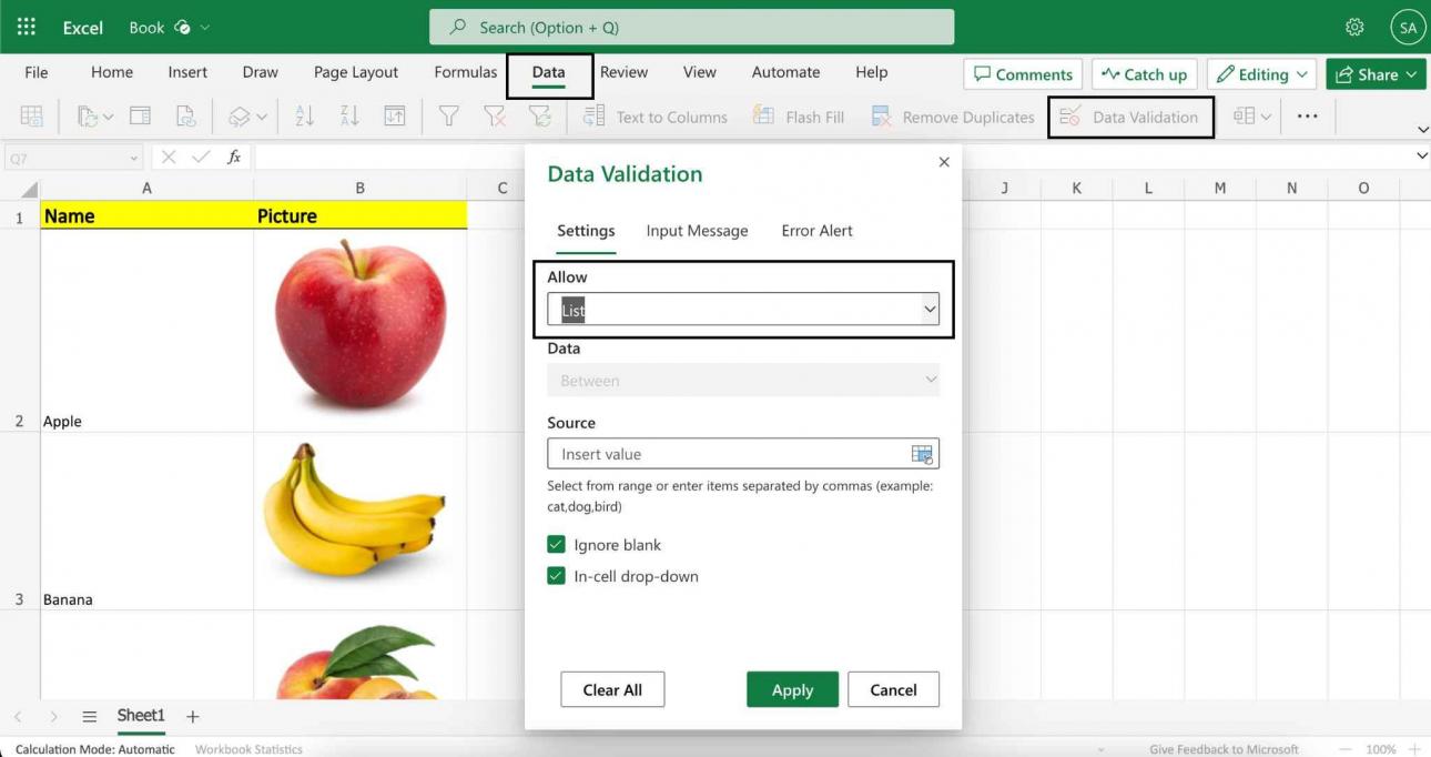 Créer la liste déroulante avec des images dans Excel