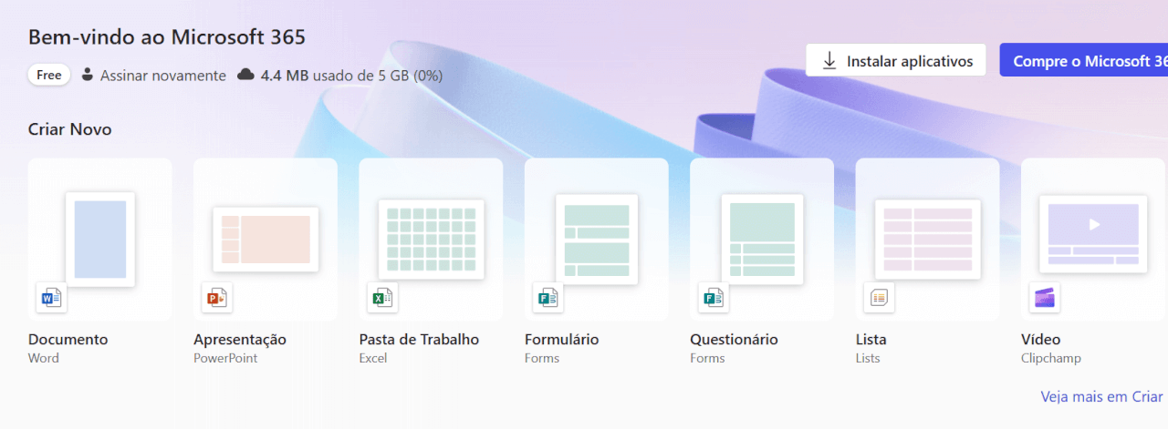 tela inicial do Office Online