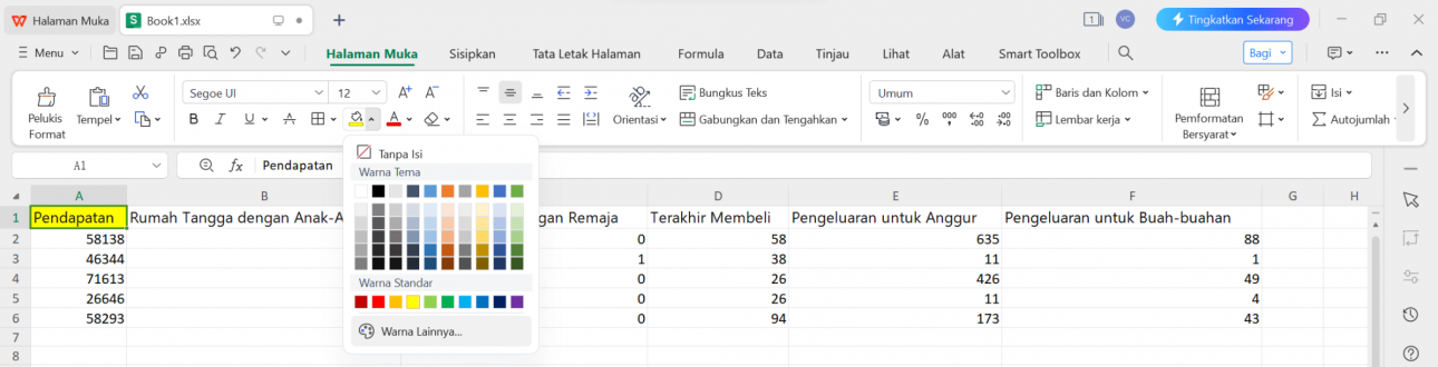 Opsi Pengisian Warna Tambahan WPS Spreadsheet