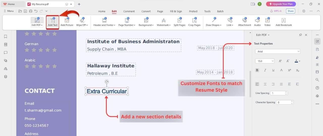 Add new sections in PDF Resume using WPS PDF
