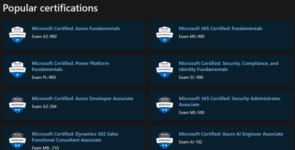 “Microsoft Office certi list screenshot”