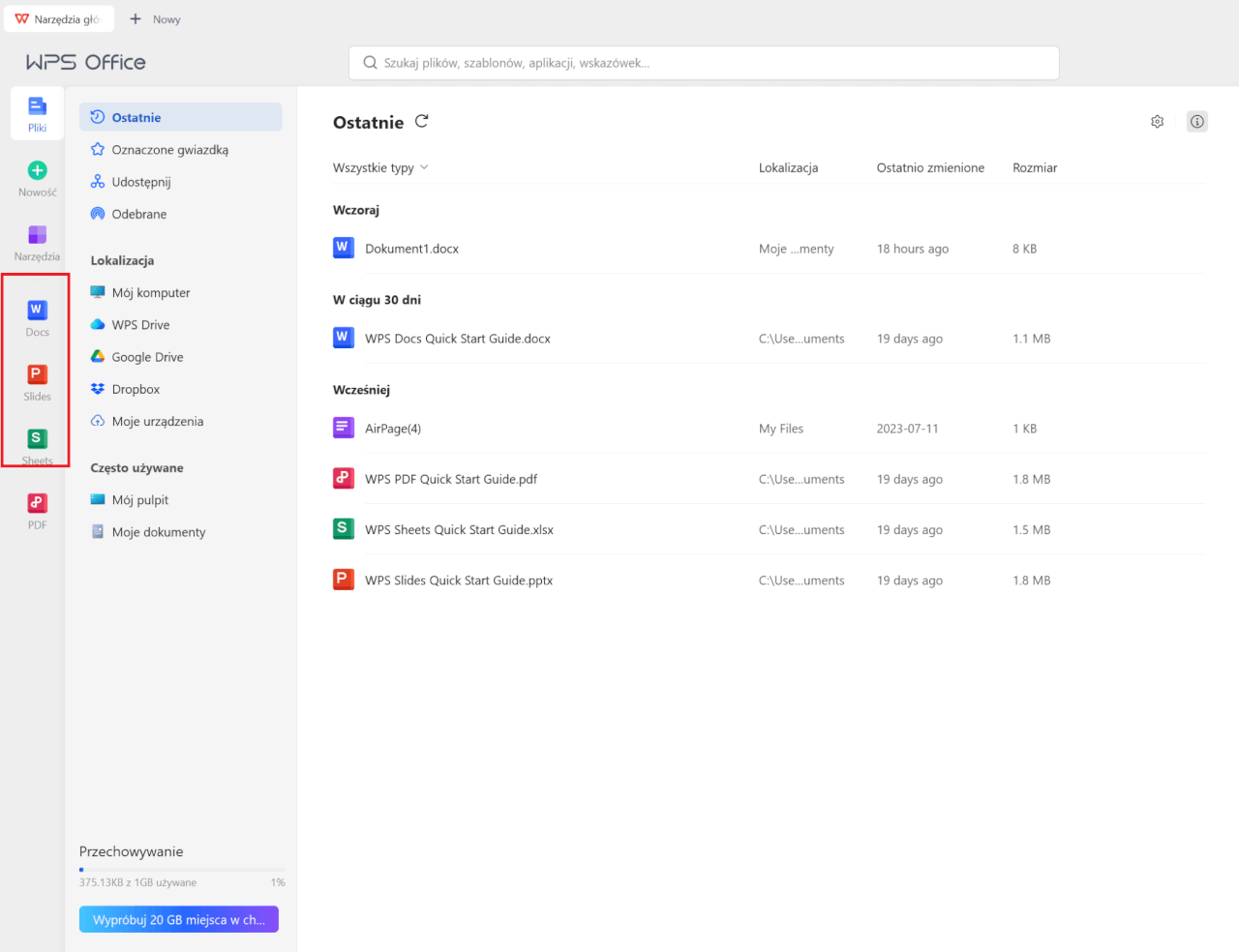 Otoczone aplikacje w WPS Office do wyboru do edycji dokumentu