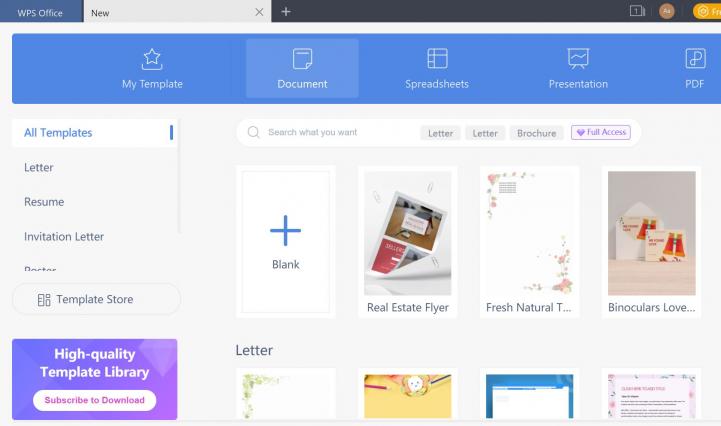 Select a template or blank document
