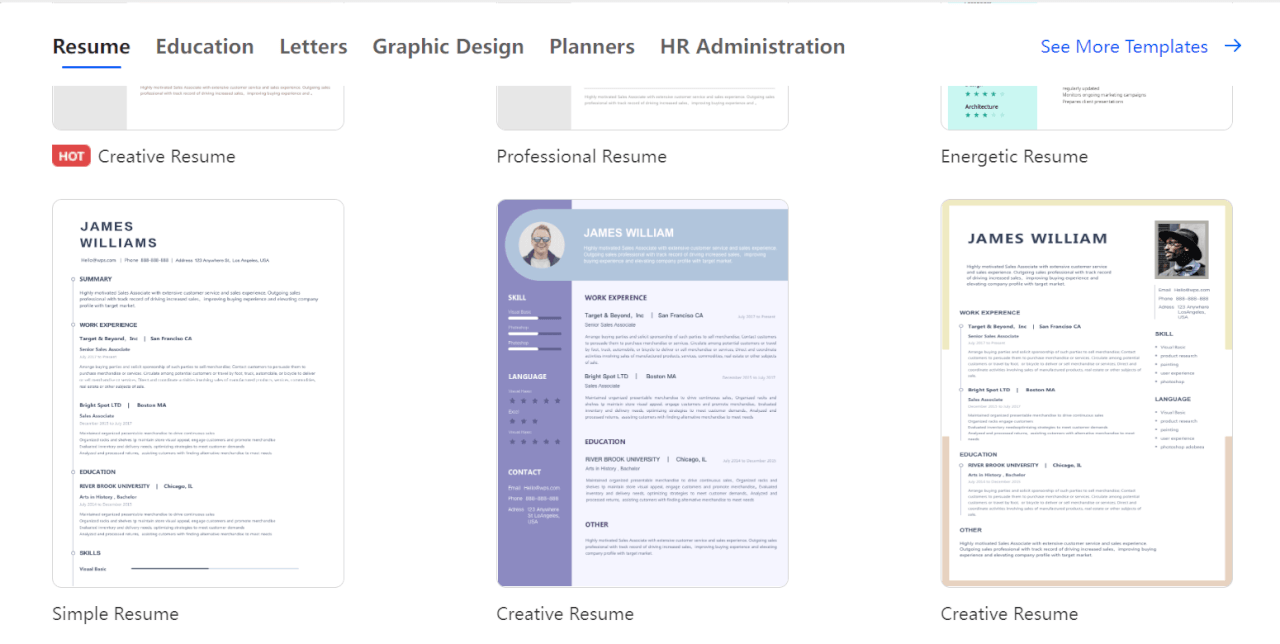 exemplos de modelos de documentos no WPS Office