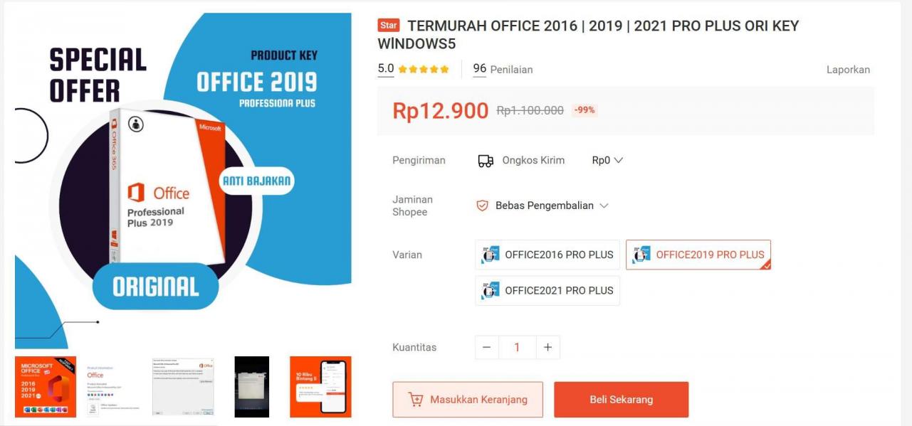 Tampilan marketplace di Indonesia untuk mendapatkan aktivasi Office 2019 dengan product key sharing