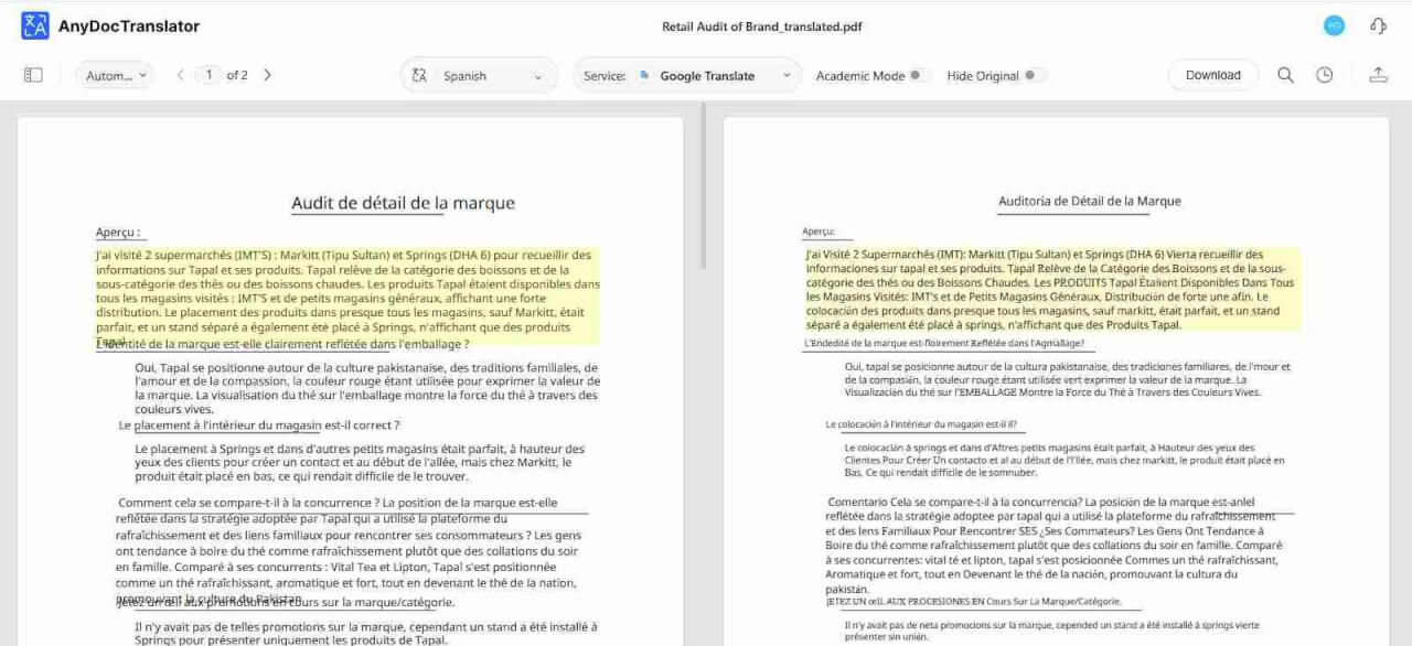  AnyDoc Translator Side by Side Translation Feature