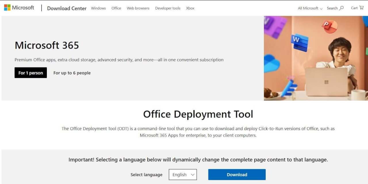 ODT ดาวน์โหลดหน้าในศูนย์ดาวน์โหลดของ Microsoft