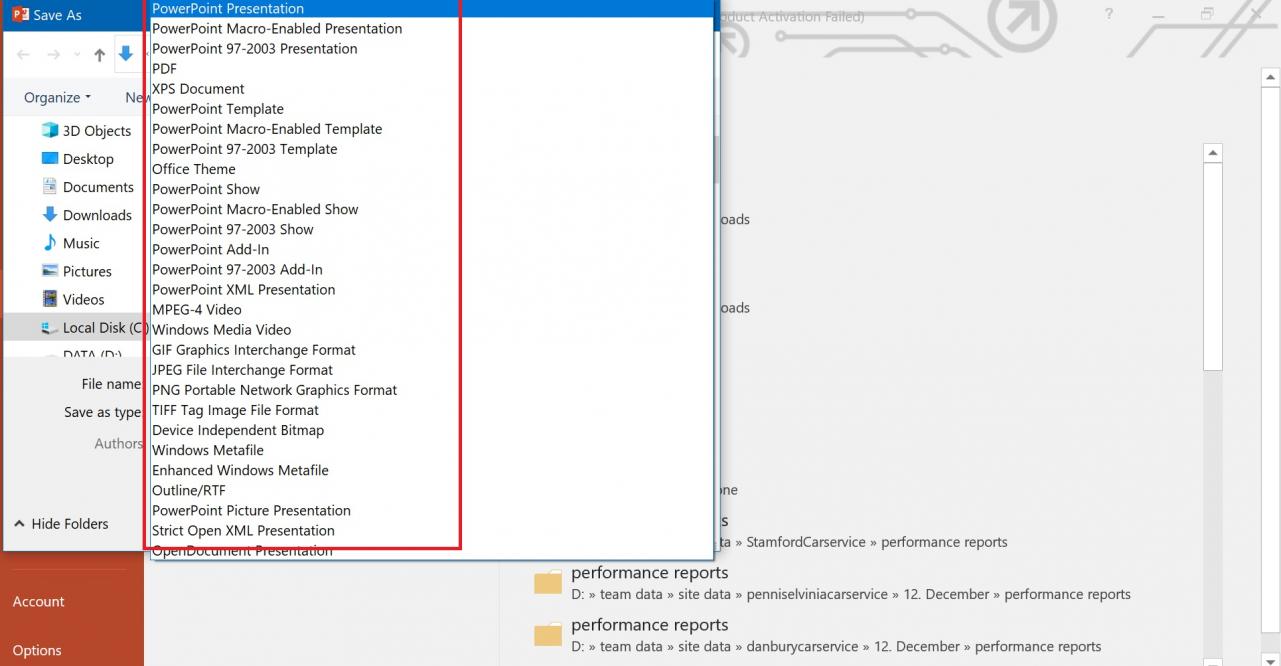 Different formats available in PowerPoint